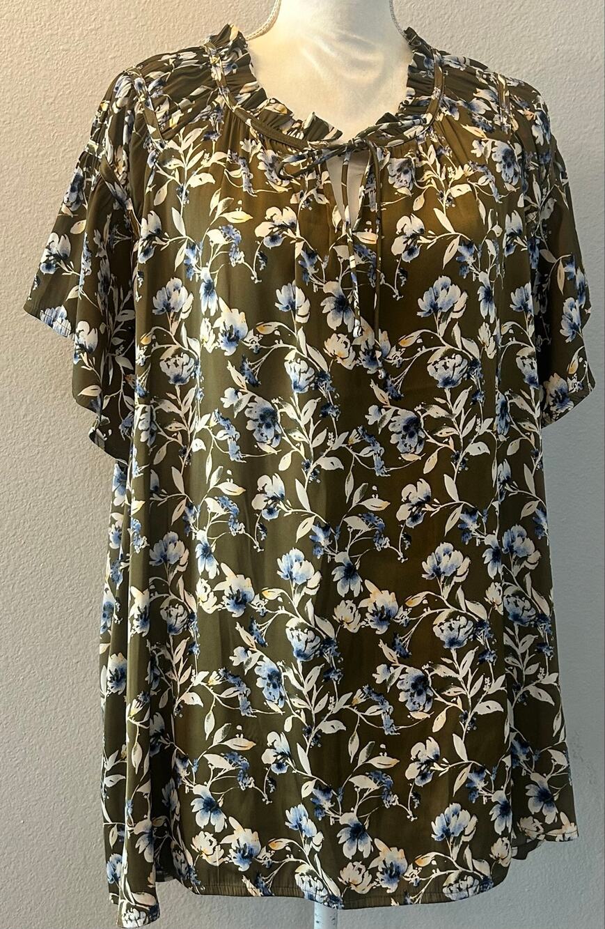 Lane Bryant Olive Floral Satin Blouse Plus Size 26/28